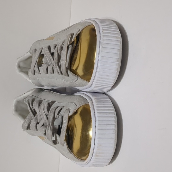 Puma Gray Suede Gold Patent Toe Creeper Platform Sneakers women's 8.5 - Picture 2 of 9